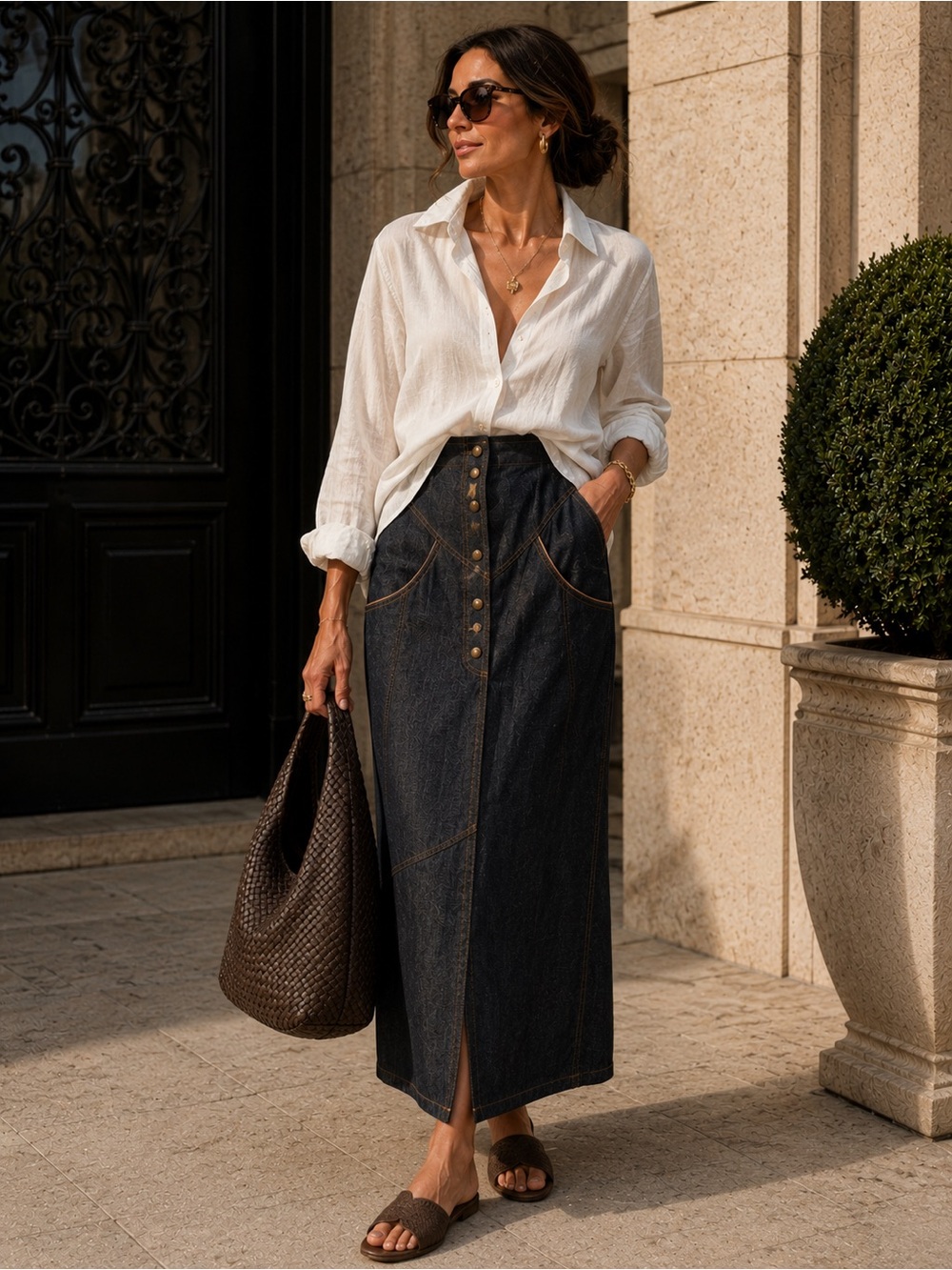 yigal azrouël Dark Denim Button-Front Maxi Skirt